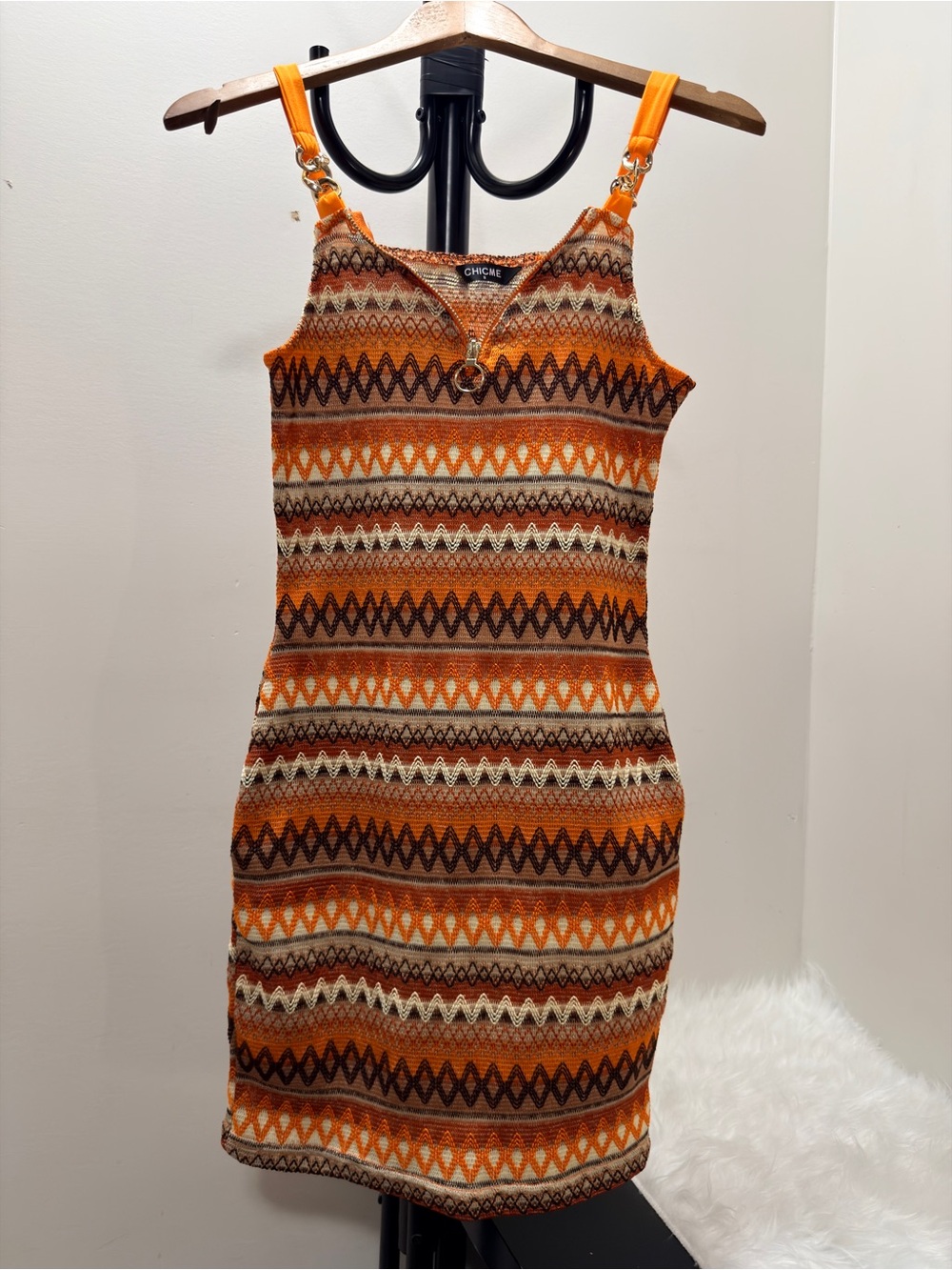 ChicWish Orange Zigzag Knit Mini Dress